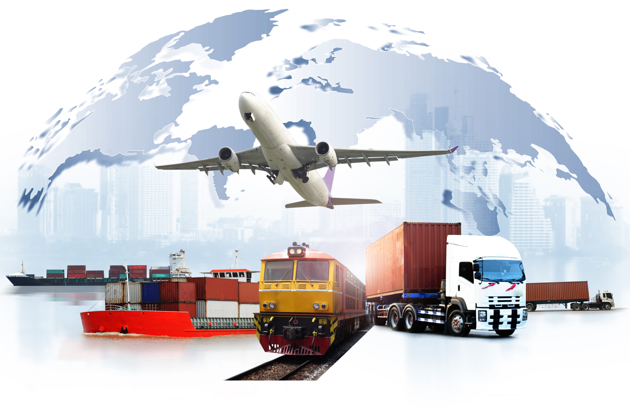 ship in port and freight cargo plane in transport and import-export commercial logistic